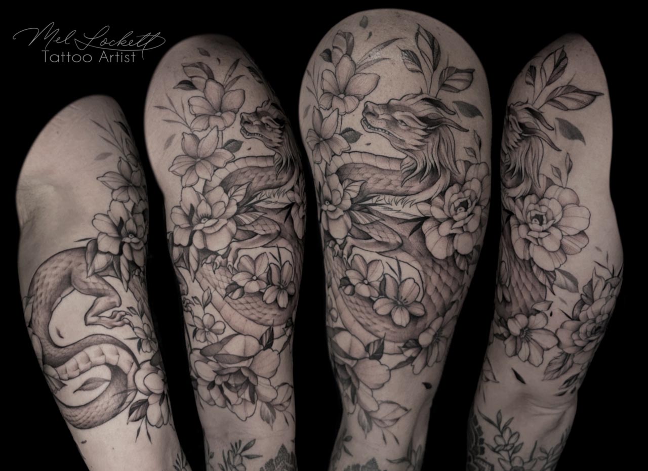 Animal, Black and Gray, Illustrative, Flower tattoo by Mel Lockett
